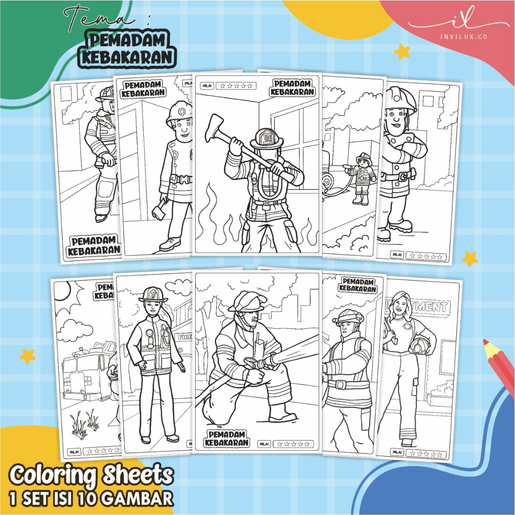 

[A4 - PEMADAM KEBAKARAN] KERTAS GAMBAR UNTUK ANAK - LEMBAR MEWARNAI ANAK 1 SET ISI 10 LEMBAR GAMBAR