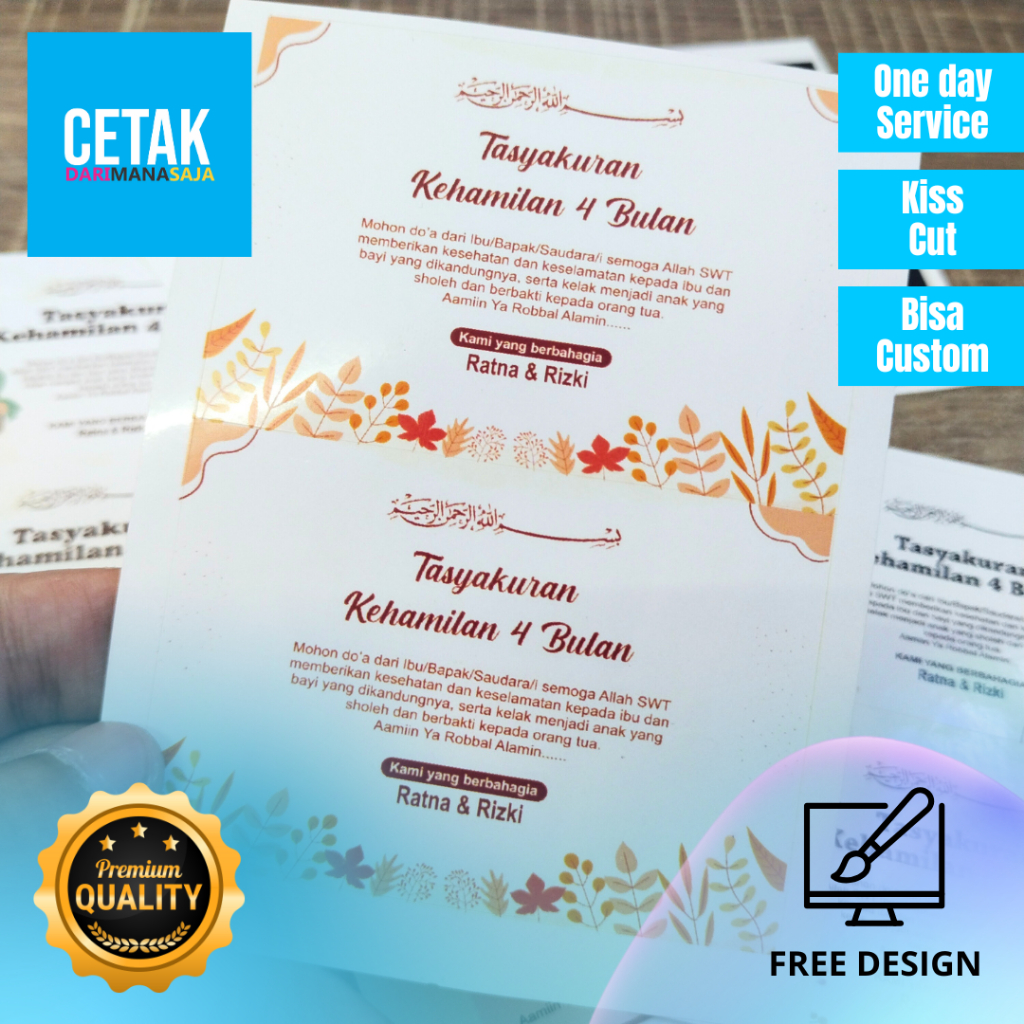 

Sticker dan Kartu Ucapan Stiker Card Tasyakuran Kehamilan 4 Bulanan Free Design Perlembar
