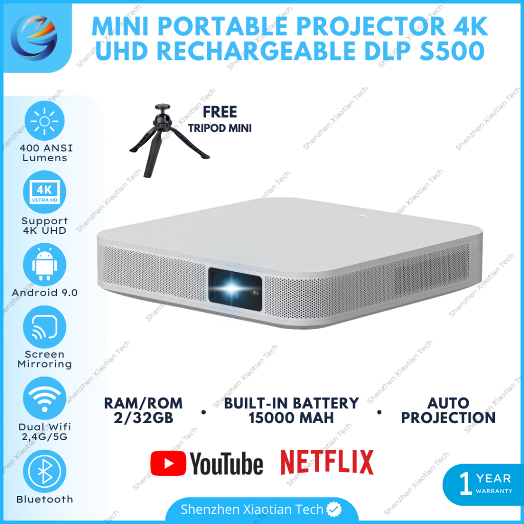 Smart Proyektor DLP S500 Android 9.0 Wifi 400 Ansi Lumens Built In Baterai | Proyektor Mini Portable