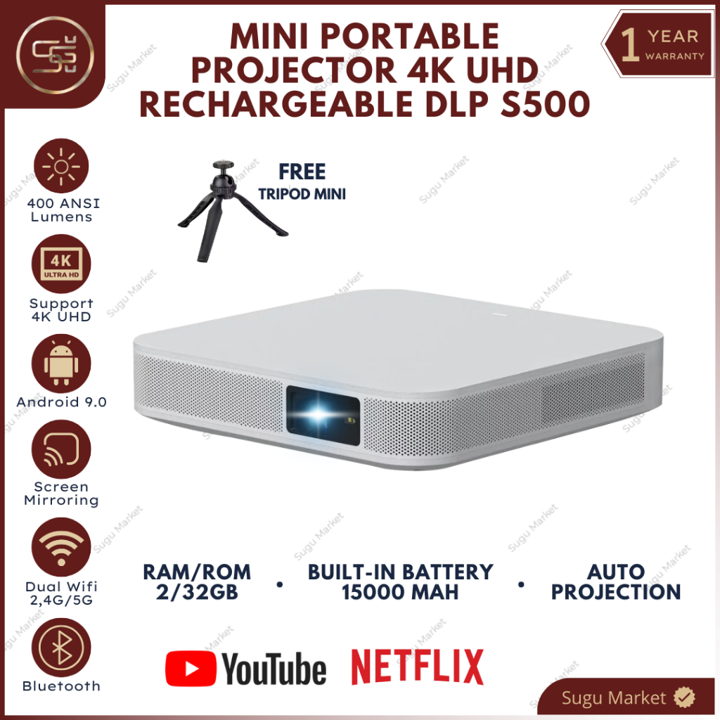 Proyektor DLP S500 Android 9.0 Wifi 400 Ansi Lumens | Proyektor Android 4K Full HD | Proyektor Mini 