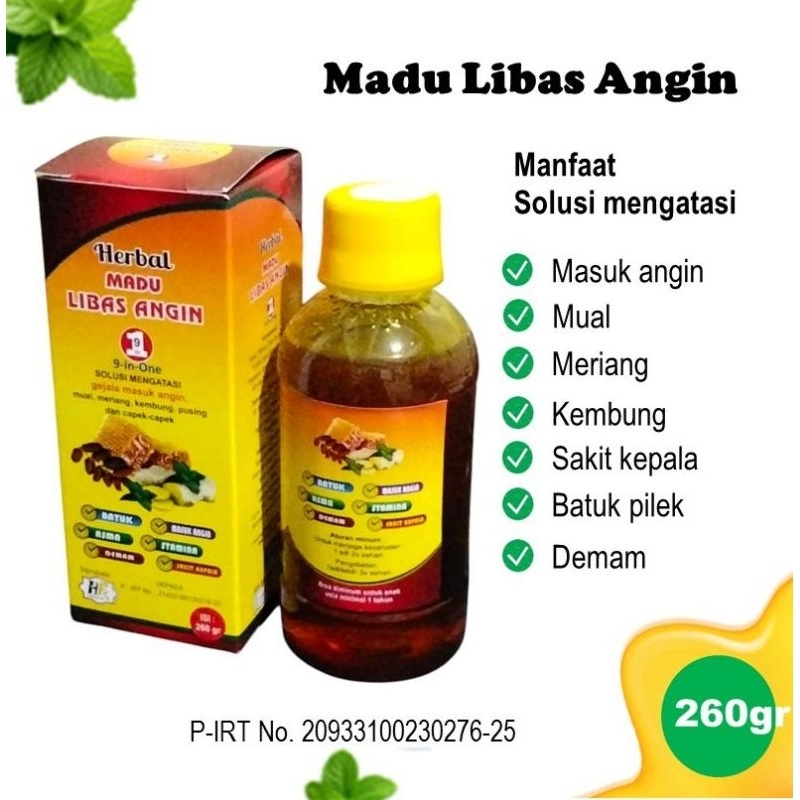 

Madu Libas Angin kemasan 260 gram, madu herbal masuk angin meriang mual kembung pusing dan lain lain