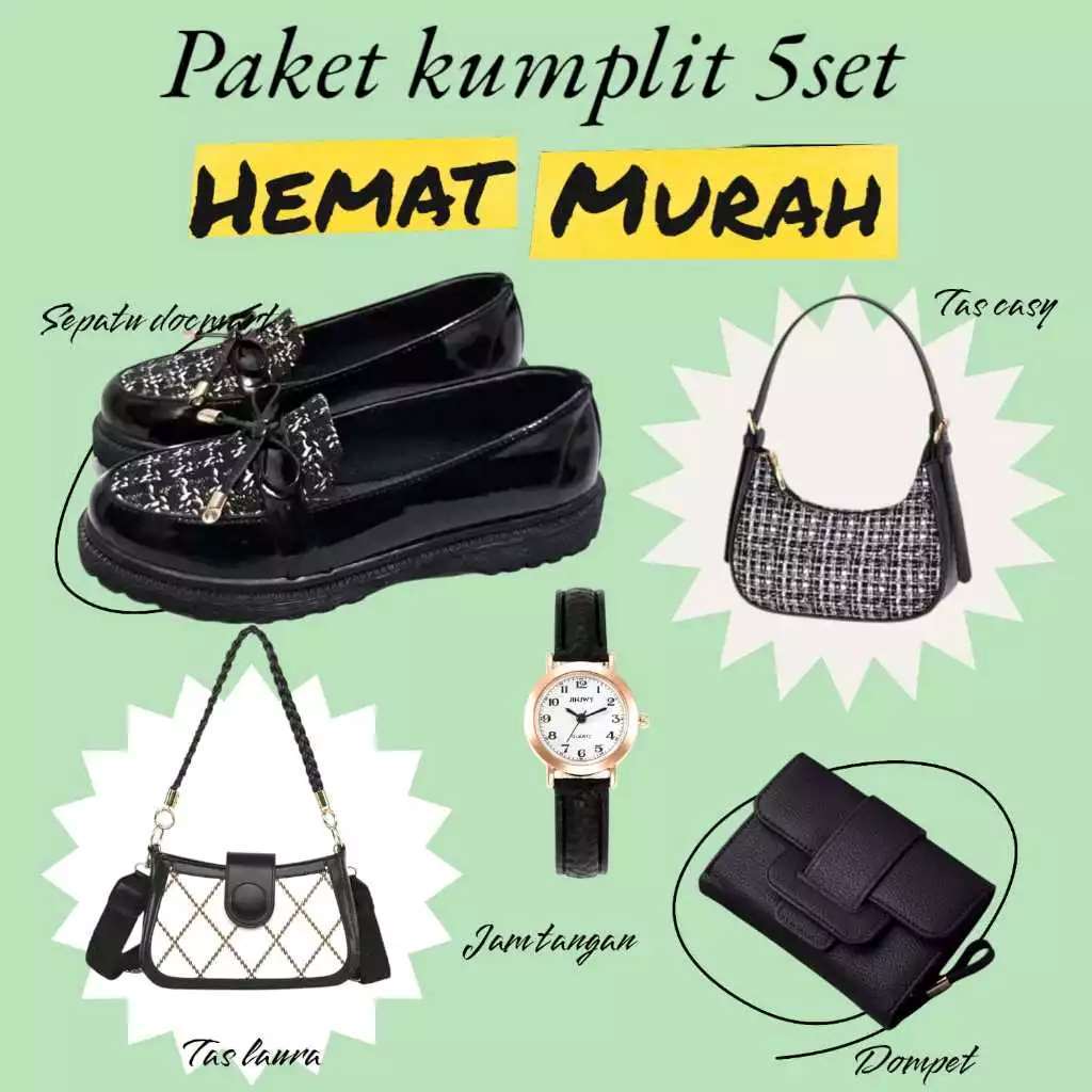 Paket kumplit hemat 5 set sepatu docmart loafers wanita/jam/tas/dompet