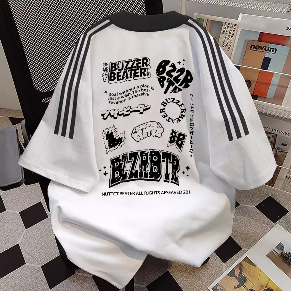 Amerika huruf bahasa inggris ikon pencetakan Jersey Korean Tshirt Lengan Pendek Oversize Kaos Garis 