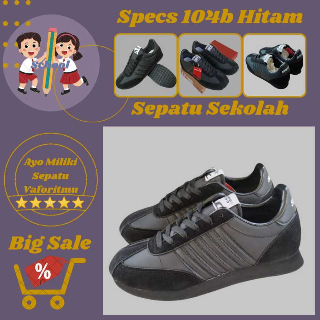 Diskon 50% Sepatu Specs 104b Hitam Sepatu Sekolah & Casual Anak  & Dewasa