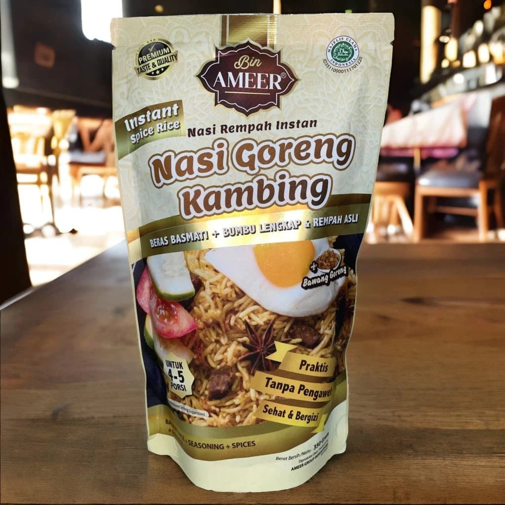 

Nasi Goreng Kambing Instan - Termasuk Beras Basmati 300 Gram Untuk 4-5 Porsi - Bin Ameer - Enak Cukup 30 Menit - Paket Beras, Bumbu, Rempah, Kismis, Bawang Goreng