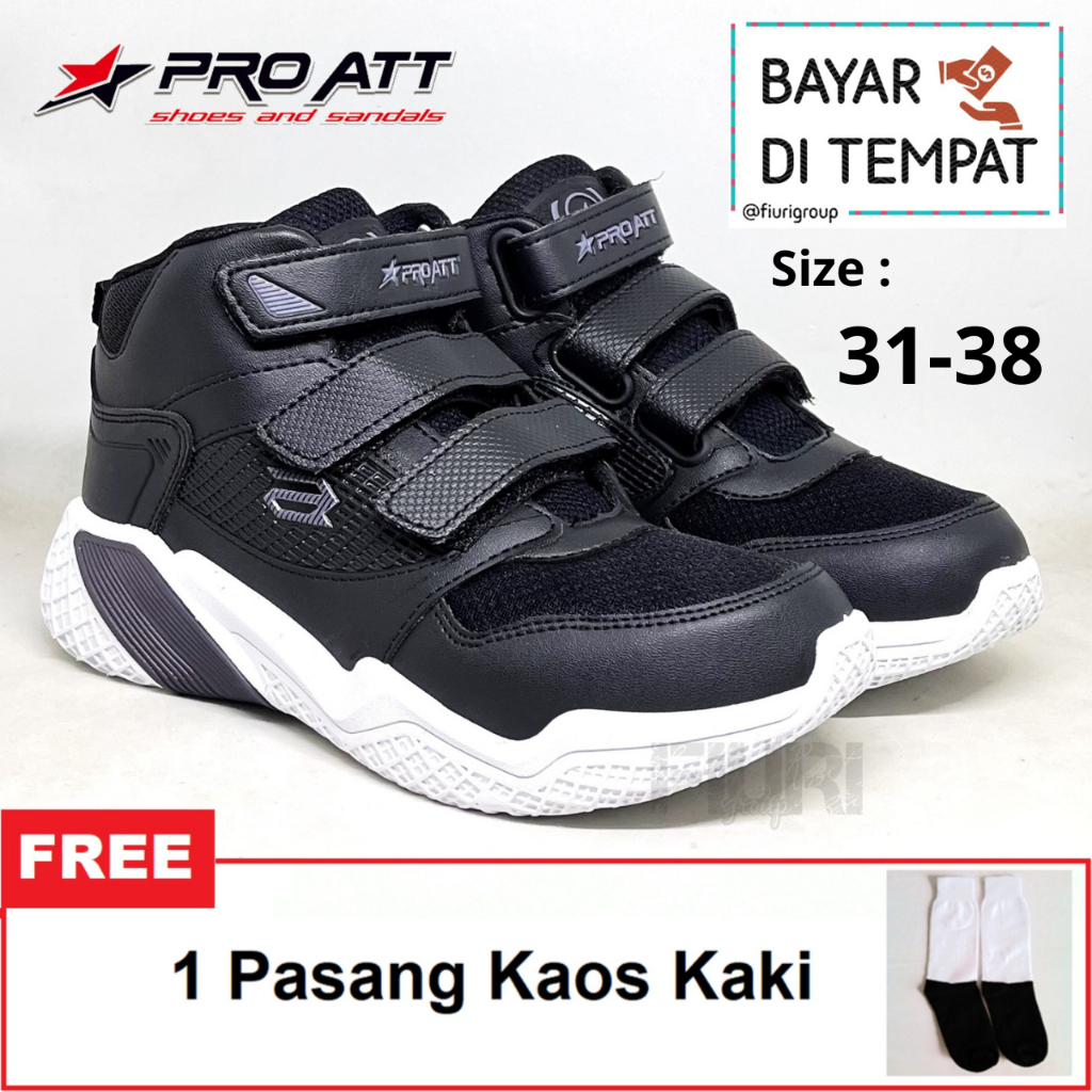 FIURI - PRO ATT ORIGINAL - GLT V 31-38 HITAM PUTIH FULL HITAM - SEPATU SNEAKERS PEREKAT KANVAS SOL K