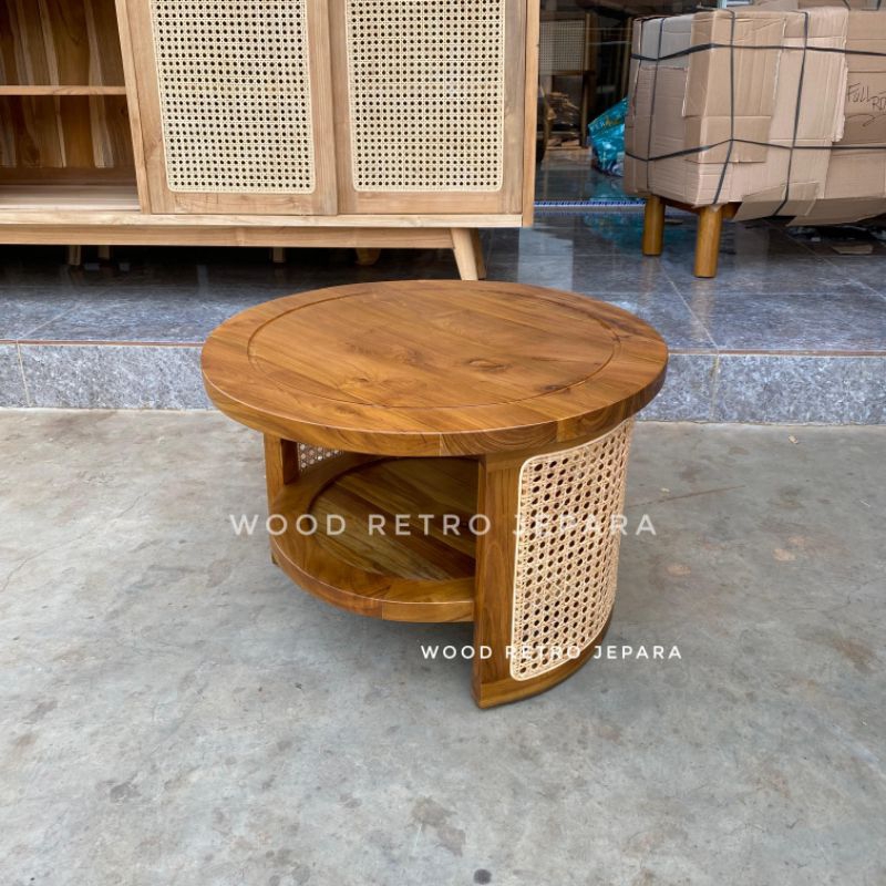 Meja Tamu Bundar Retro Rotan Kayu Jati - Meja Kopi Bulat Minimalis Scandinavian