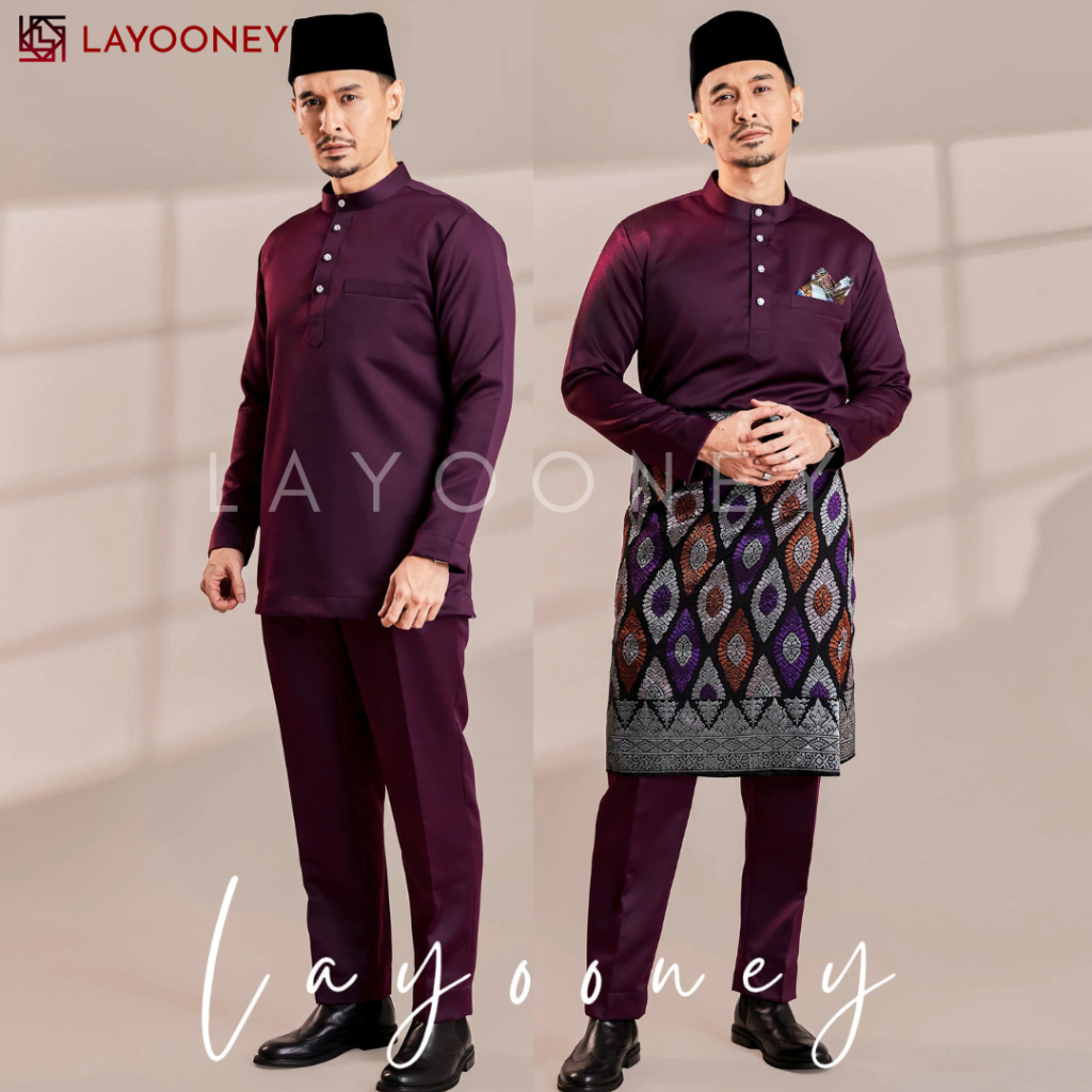 Setelan Baju Melayu Modern Pria  Cekak Musang Ungu Pakaian Muslim Koko Bahan Satin Velvet Premium