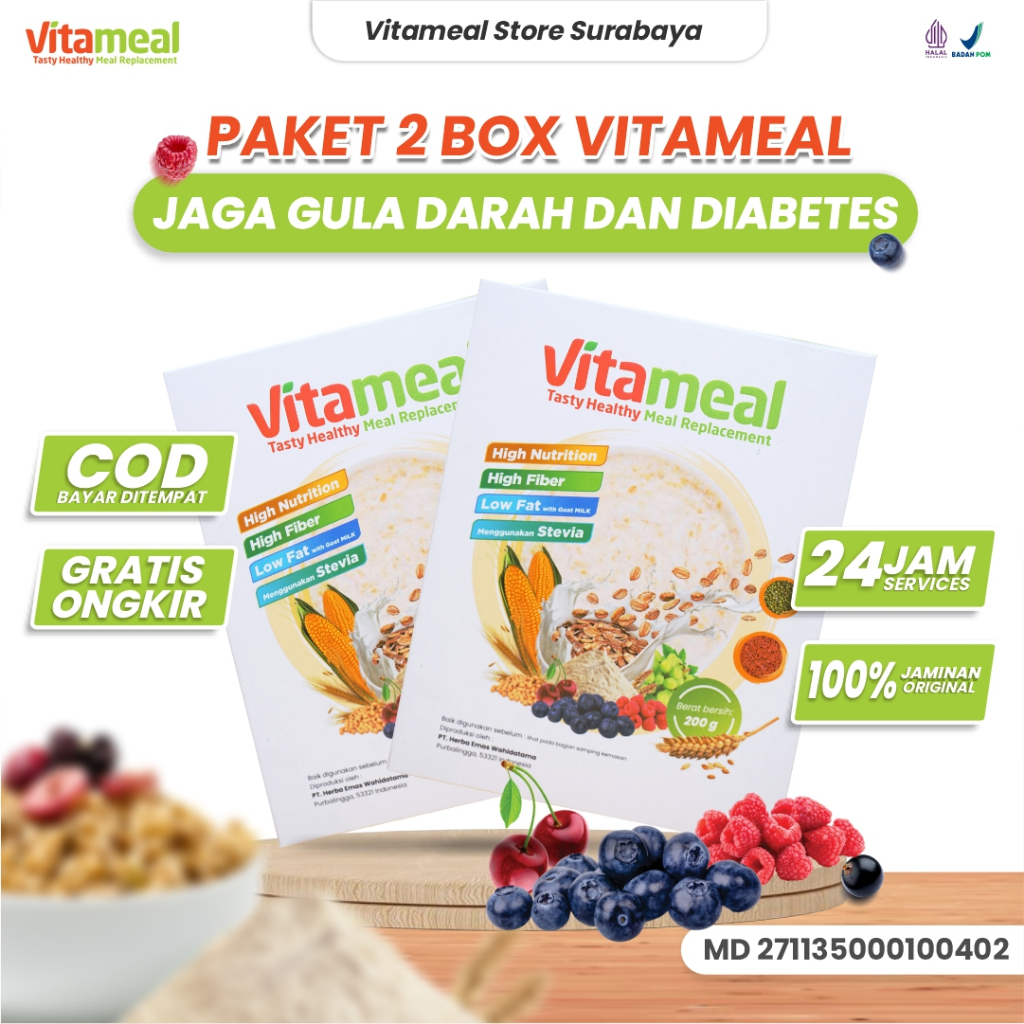 

VITAMEAL Original Multigrain Sereal Sehat Multigrain Diabetes 3x Lebih Ampuh Atasi Gula Darah & Kolesterol Tinggi Alami Tanpa Efek Samping / Vitameal Diabetes Paket 2 Box