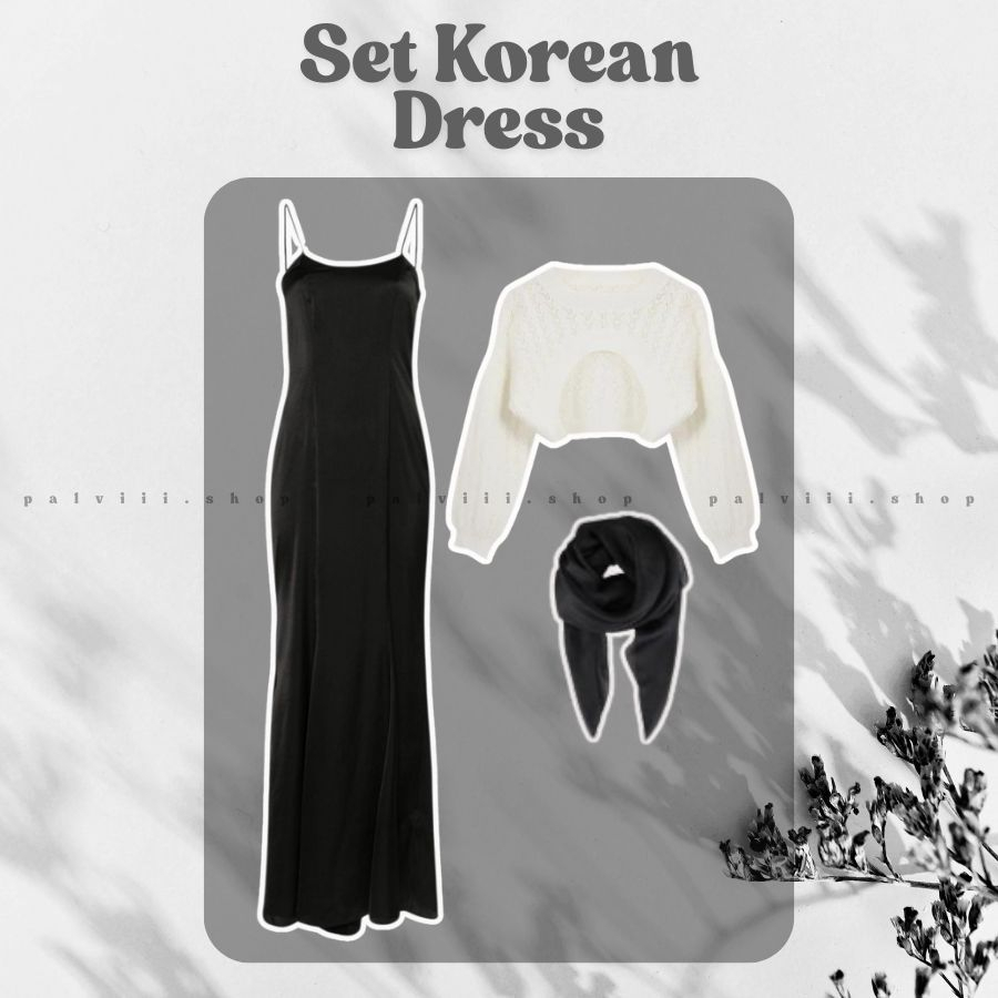 OOTD Set Korean Dress Longbody con + BLOUSE CROP KNIT free hijab bella Style Cewek Keren Kekinian
