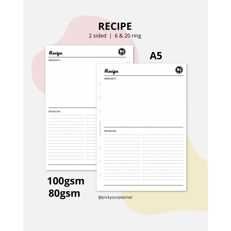 

A5 6 ring 20 ring Resep masakan planner refill binder