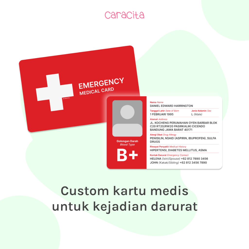 

Custom Emergency Medical Card Kartu Darurat Rekam Medis Kontak Darurat
