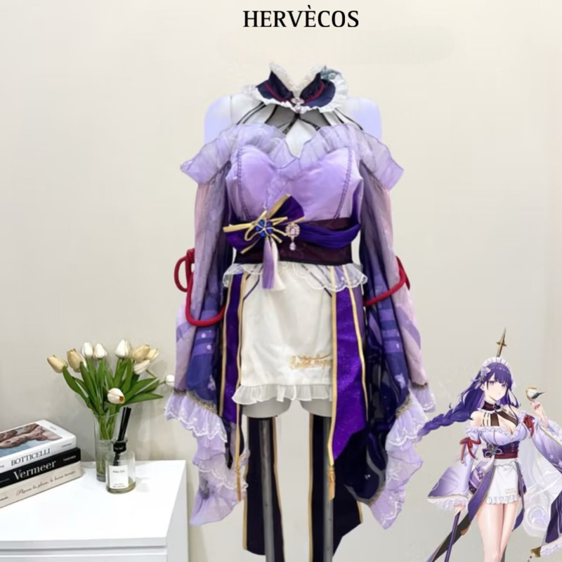 【Moonfairy】Ready Stock Genshin Impact Raiden Maid Cosplay Costume Fullset Wig Game Anime Kostum Raid