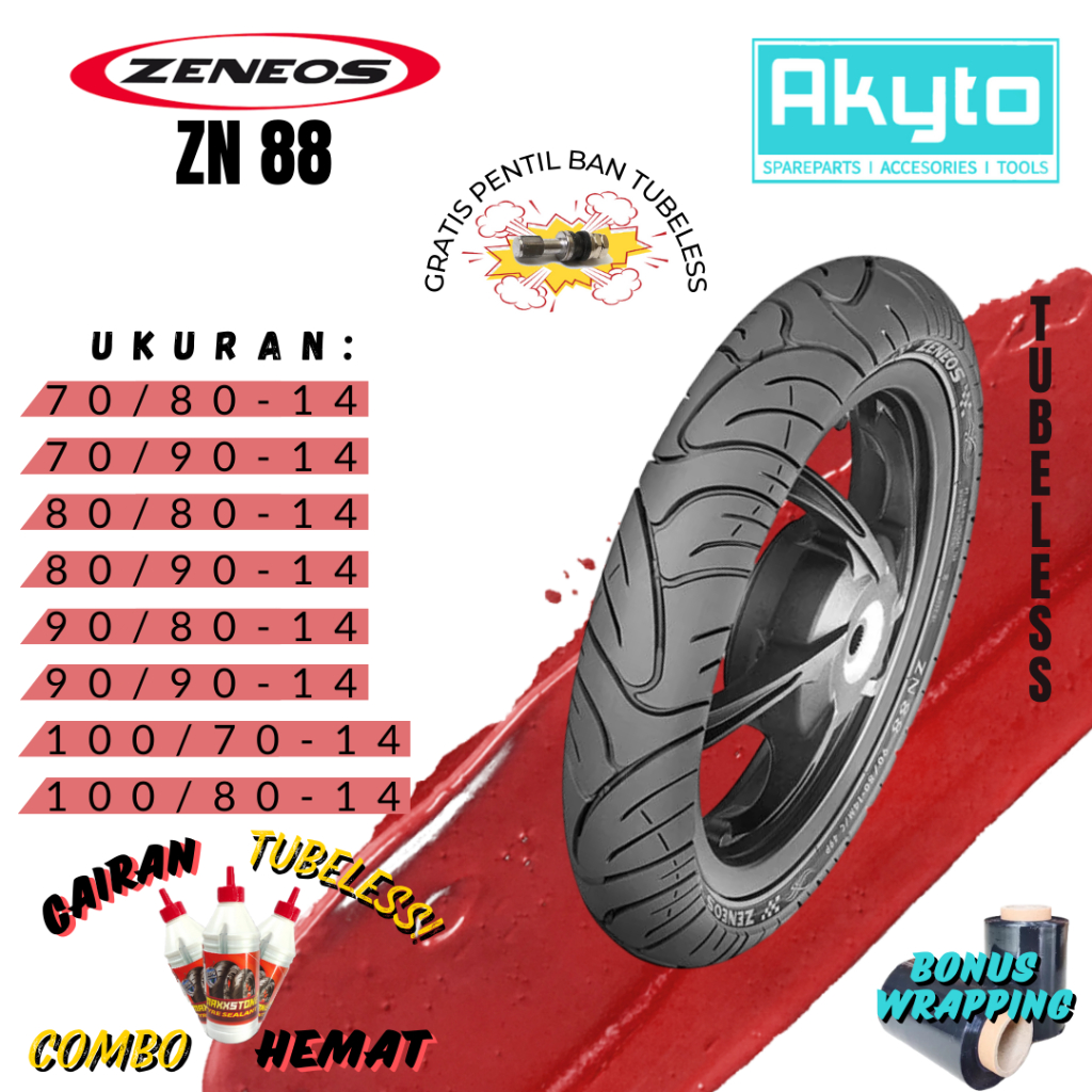 BAN ZENEOS ZN 88 / BAN TUBELESS RING 14 / BAN MOTOR R14 FREE PENTIL + WRAPPING / BAN MOTOR MATIC MET