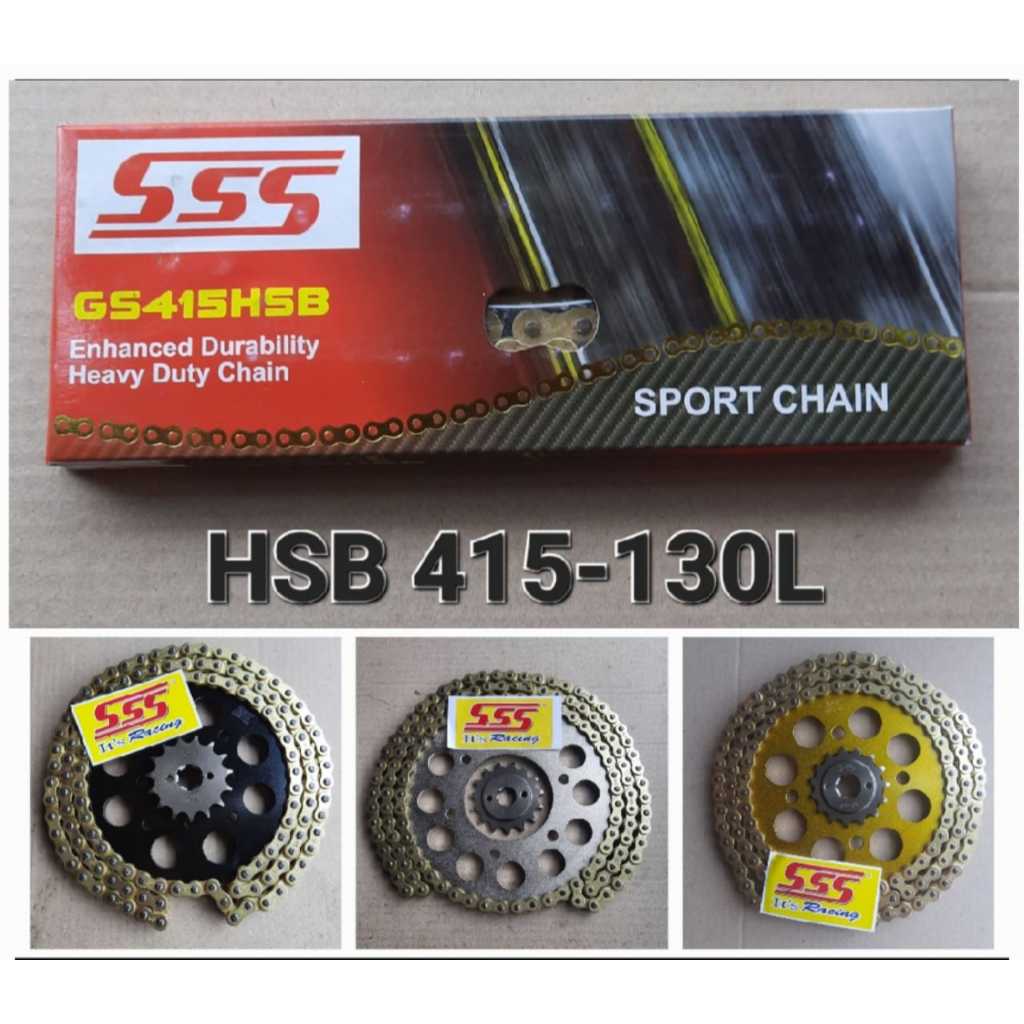 GEAR GIR SET FULL SSS RACING 415H RANTAI GOLD HSB 415-130L UNTUK SEMUA MOTOR ALL SERIES MOTOR RXZ VI
