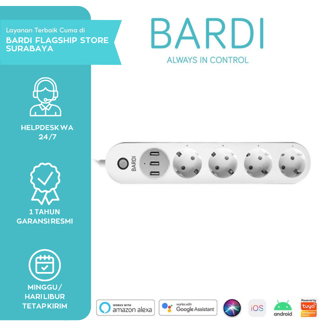 BARDI Power Extension Smart Strips Kabel Ekstensi Smart Stop Kontak 4 Socket EU 3 USB 2.1A Colokan L