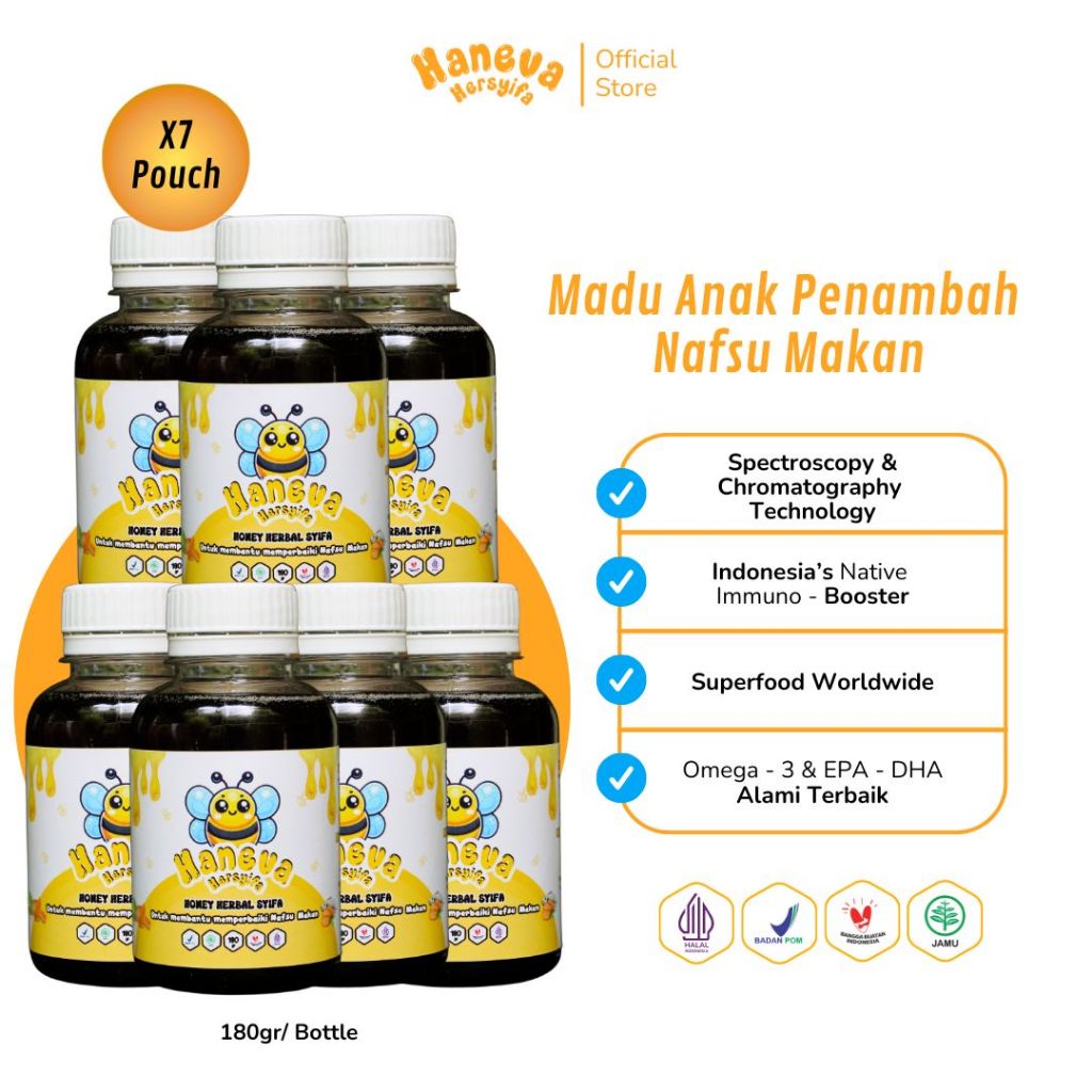 

HANEVA HERSYIFA Madu Anak Penambah Nafsu Makan BPOM & Halal MUI - 180 gram Isi 7