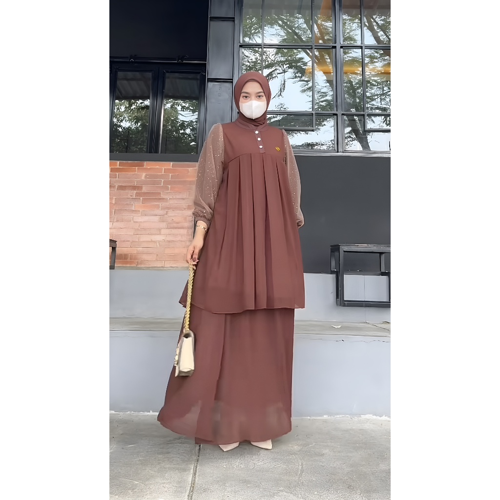 One Set Muslimah Stylish Setelan Tunik & Rok Ceruti Premium Full Furing Free Pashmina Ukuran M–Jumbo