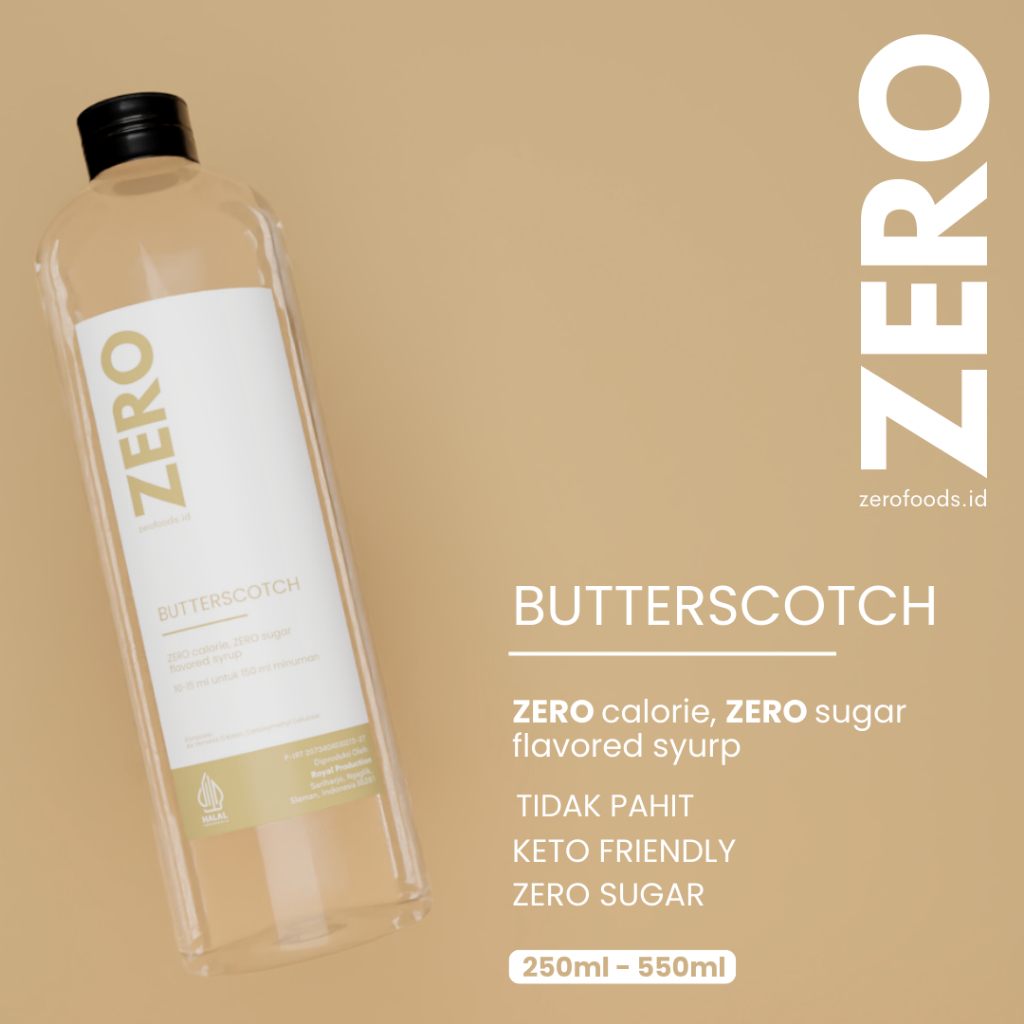 

Sirup Keto Diet 0 Kalori Bebas Gula Sugar Free non Stevia - ZERO - 250 ml, 550 ml Butterscotch