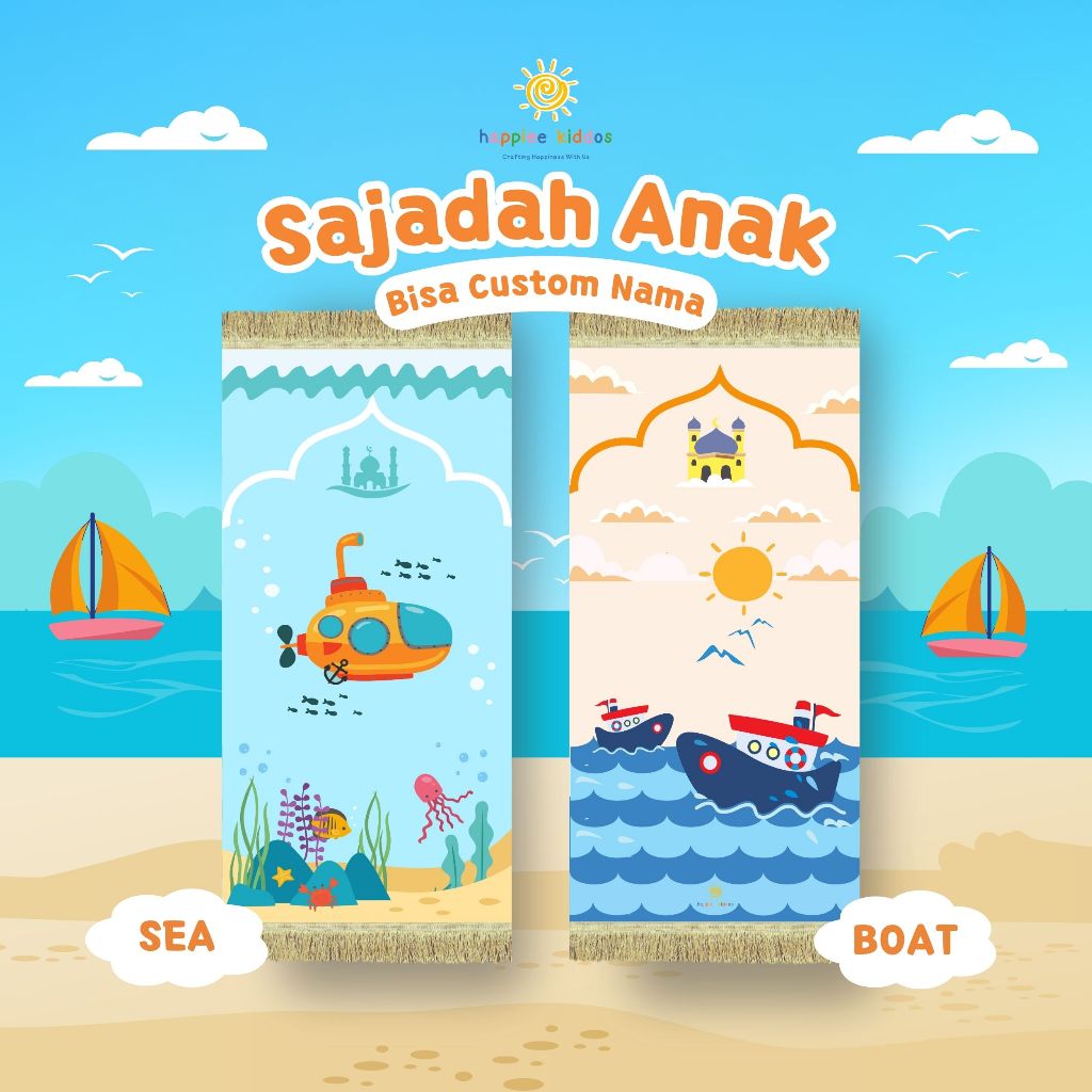 Sajadah Anak Motif Sea & Boat - Gratis Pakai Nama - Sajadah Printing Halus Ada Busa Antislip