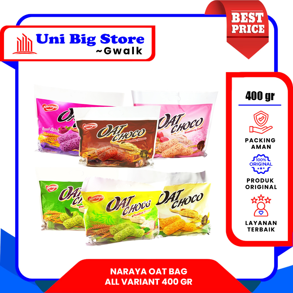

NARAYA OAT CHOCO ORIGINAL - CHOCOLATE - PANDAN - GREEN TEA - SWEEET POTATO - STRAWBERRY - 400 gr BAG