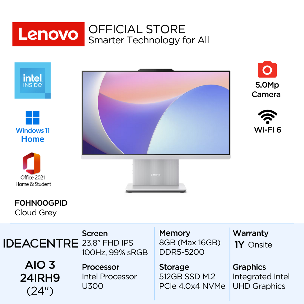 Lenovo PC IdeaCentre AIO 3i 24IRH9 GPID Intel Processor U300 Win11 8GB 512GB SSD 23.8" FHD IPS 99% s