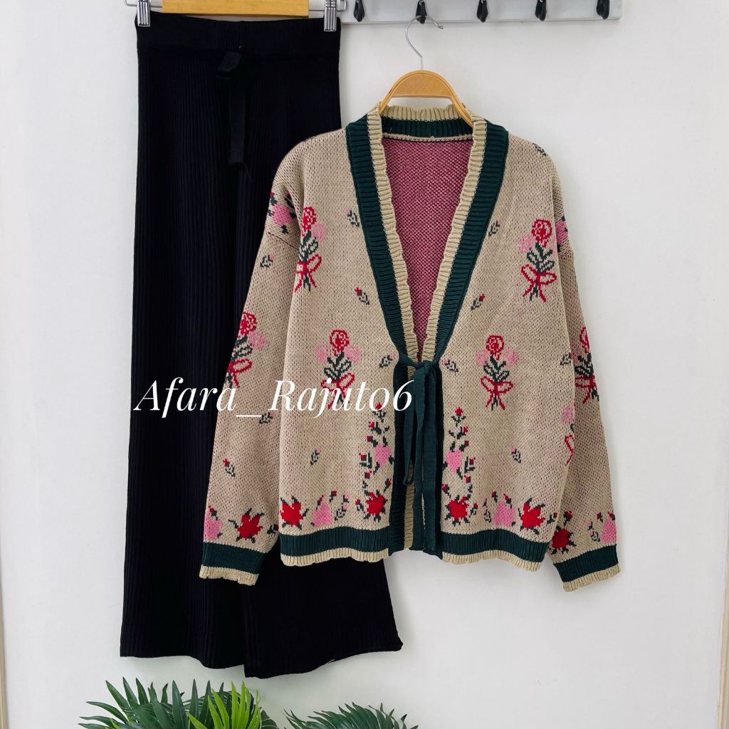 Oneset Mosela Cardigan Rajut Tali Pita Motif Bunga Setelan Celana Kulot Wanita Lengan Panjang Kekini