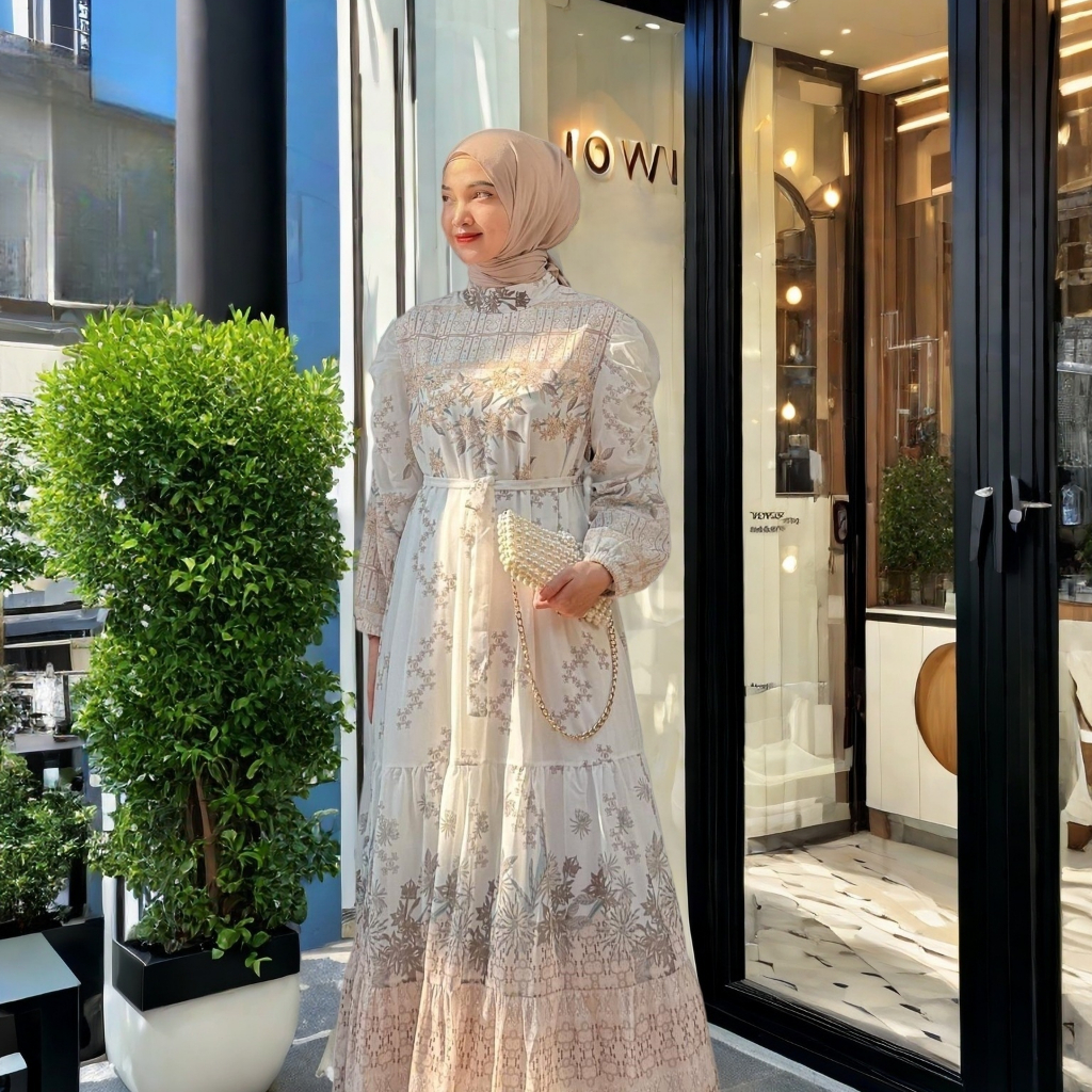 Fanmu Gamis Dress Putih Batik Mewah Wanita Kekinian