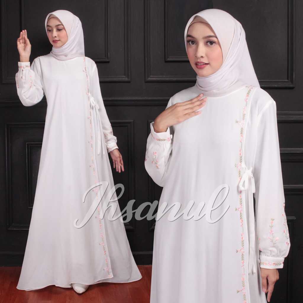 GAMIS PUTIH BORDIR 1032 / GAMIS ARAB SAUDI BORDIRAN JERSEY CERUTY / GAMIS MODEL TERBARU WANITA