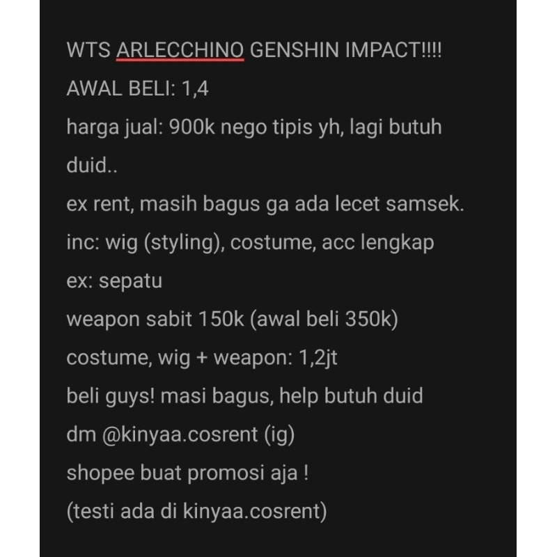 JUAL COSTUME ARLECCHINO MURAH JUAL COSTUME COSPLAY MURAH, EX RENTAL JUAL COSTUME GENSHIN IMPACT ( BA