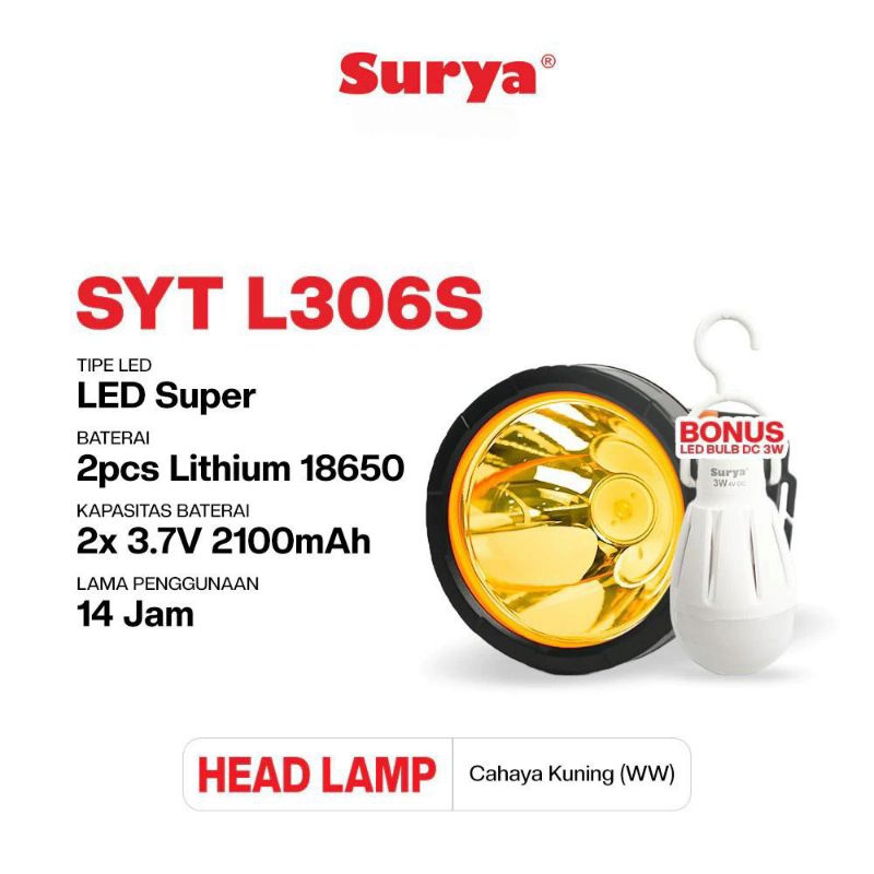 Surya Lampu Senter Kepala LED SYH L306S Rechargeable Cahaya Kuning