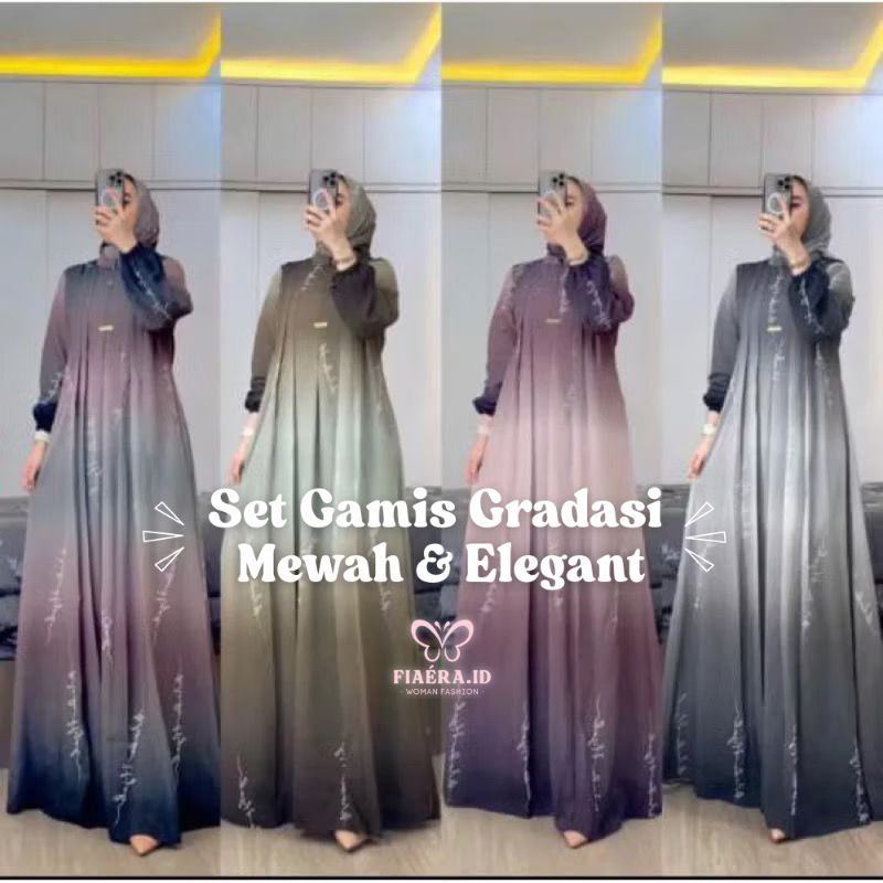 Set Gamis Wenda Gradasi + Hijab Segiempat | Gamis Elegan Premium | Dress Muslim Wanita Kekinian 2025
