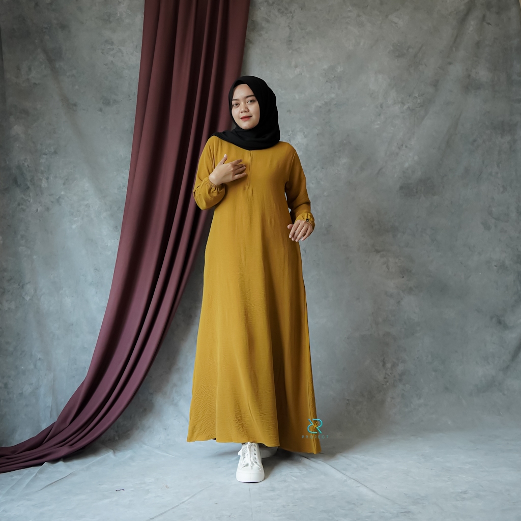 IN WEar - gamis polos crinkle  lengan karet dress kuliah fashion muslim wanita simple