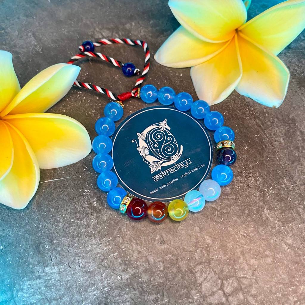 Gelang Tridatu 7 Cakra Batu Kristal dengan Aquamarine