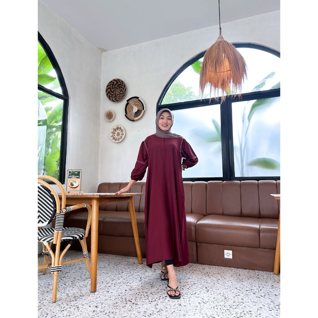 Gamis pendek variasi benang smock motif gamis simpel model terbaru lengan balon