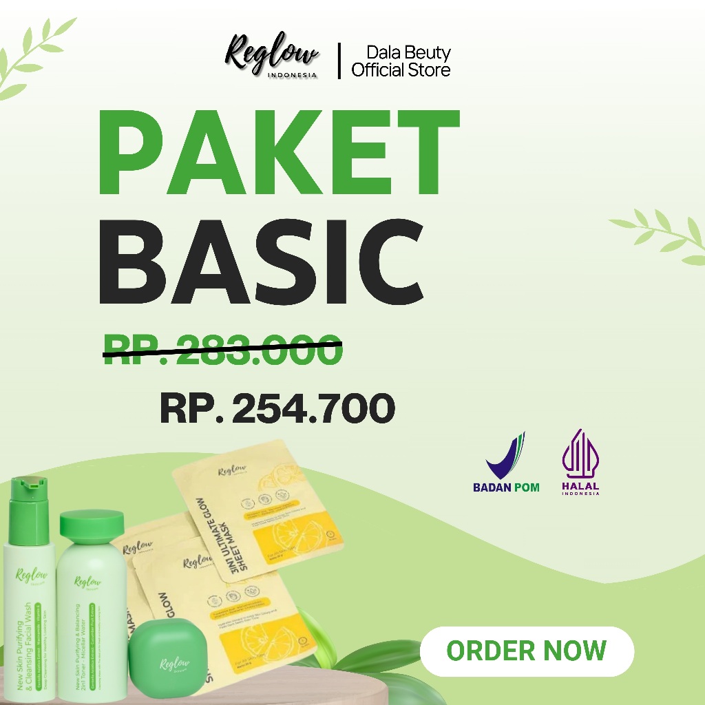 Reglow Paket Basic - Facial Wash, Day Cream, Night Cream, Sabun Wajah, Sheet Mask | Skincare Lengkap