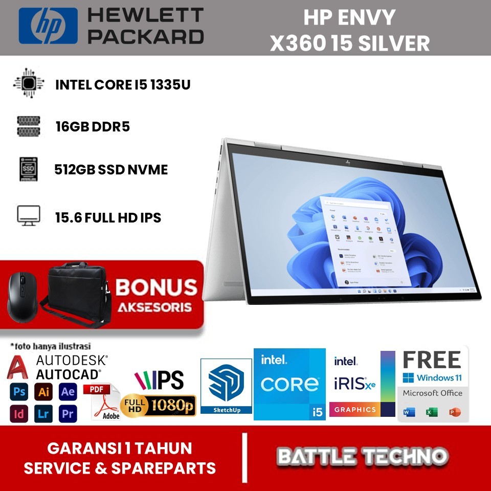 Laptop 2IN1 Touchscreen HP ENVY X360 15 INTEL I5 1335U 16GB DDR5 1TB 15.6 FHD IPS SILVER