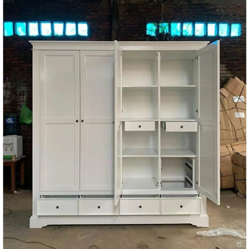 LEMARI 4 PINTU JUMBO CAT DUCO PUTIH KAYU JATI