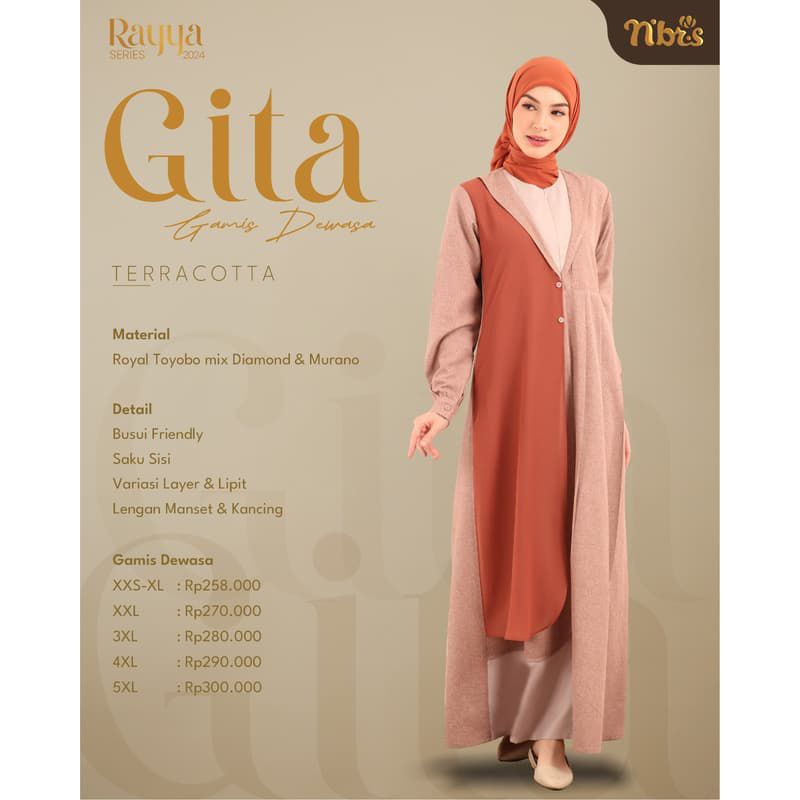NIBRAS GAMIS GITA TERRACOTA//BUSANA MUSLIM NIBRAS/SARIMBIT NIBRAS