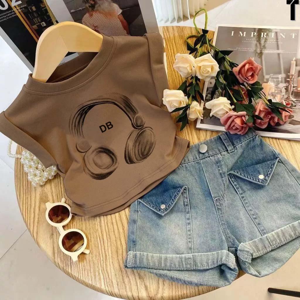 Setelan anak perempuan lucu motif Earphone DBX usia 1-5 tahun bahan katun dan denim