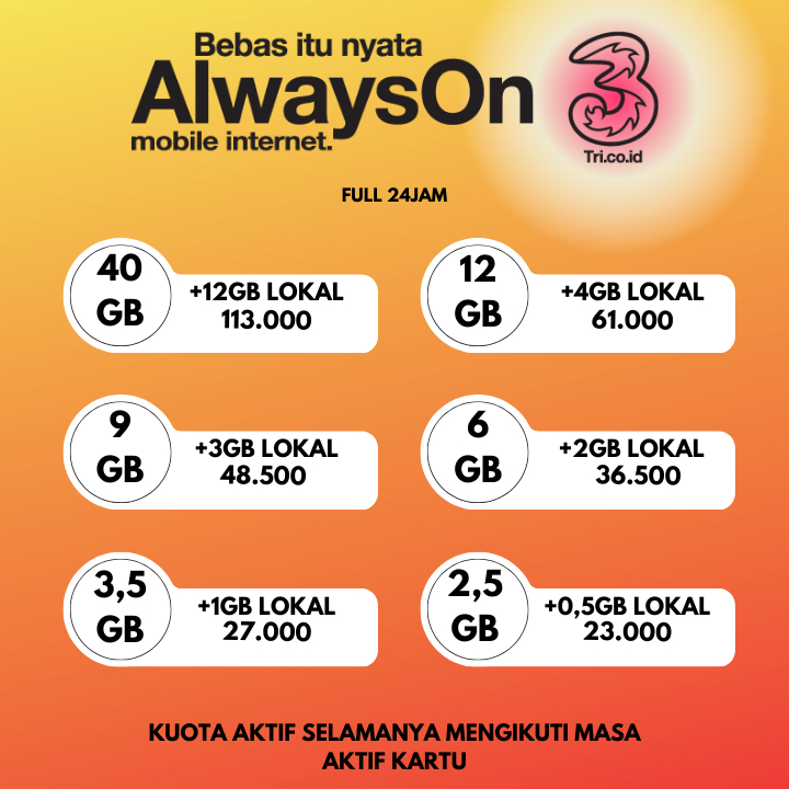 PAKET DATA TRI AON(ALWAYS ON) MASA AKTIF UNLIMITED