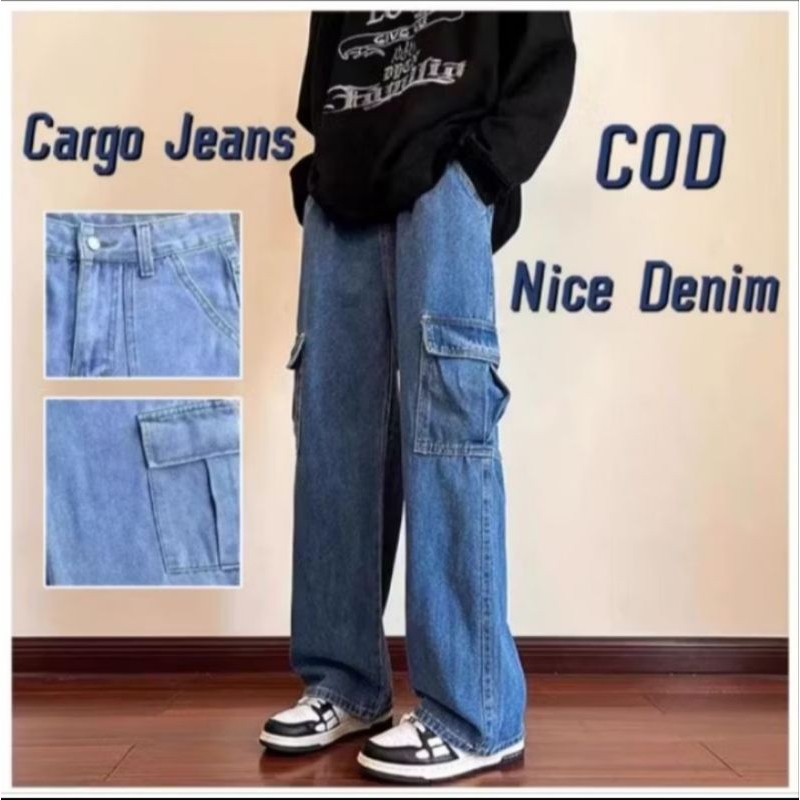 Emsah - Celana jeans cargo pria loose pant gombrong celana baggy pant kulot