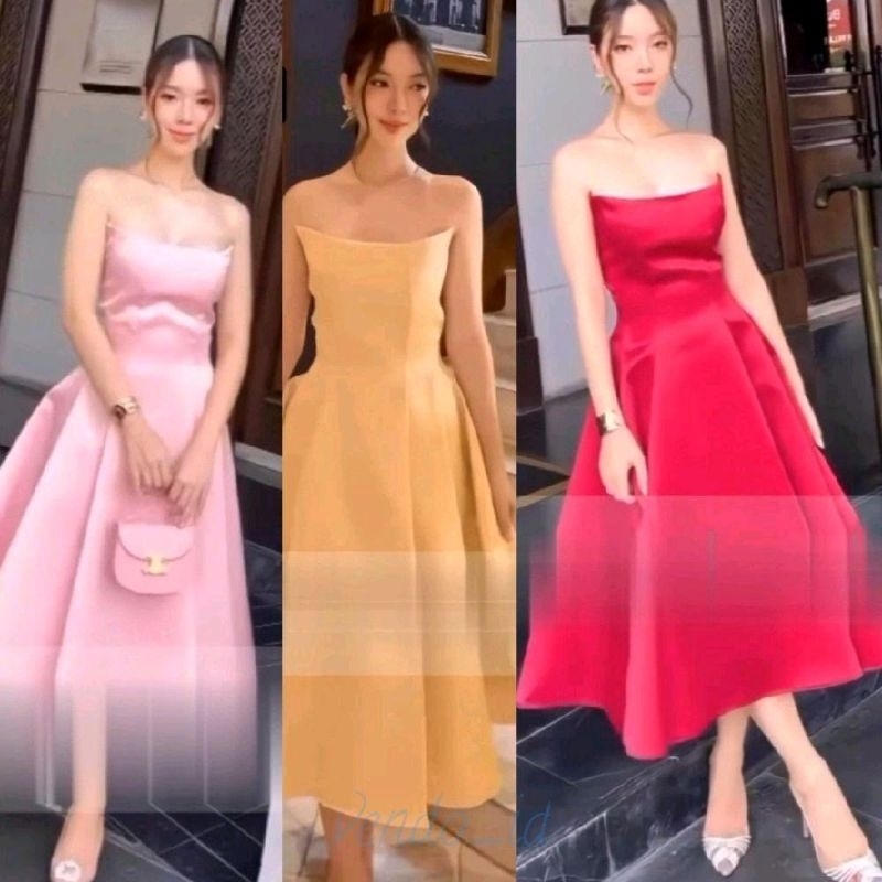 tube flare midi dress simple basic polos xsister photoshoot europe paris gaun pesta wedding party ev