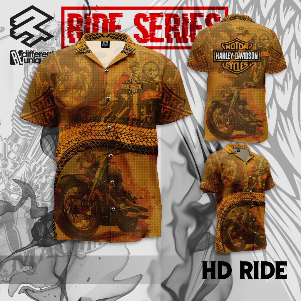 Kemeja Casual Cuban Collar Pria Wanita Dewasa Anak FullPrint 3R Harley Ride