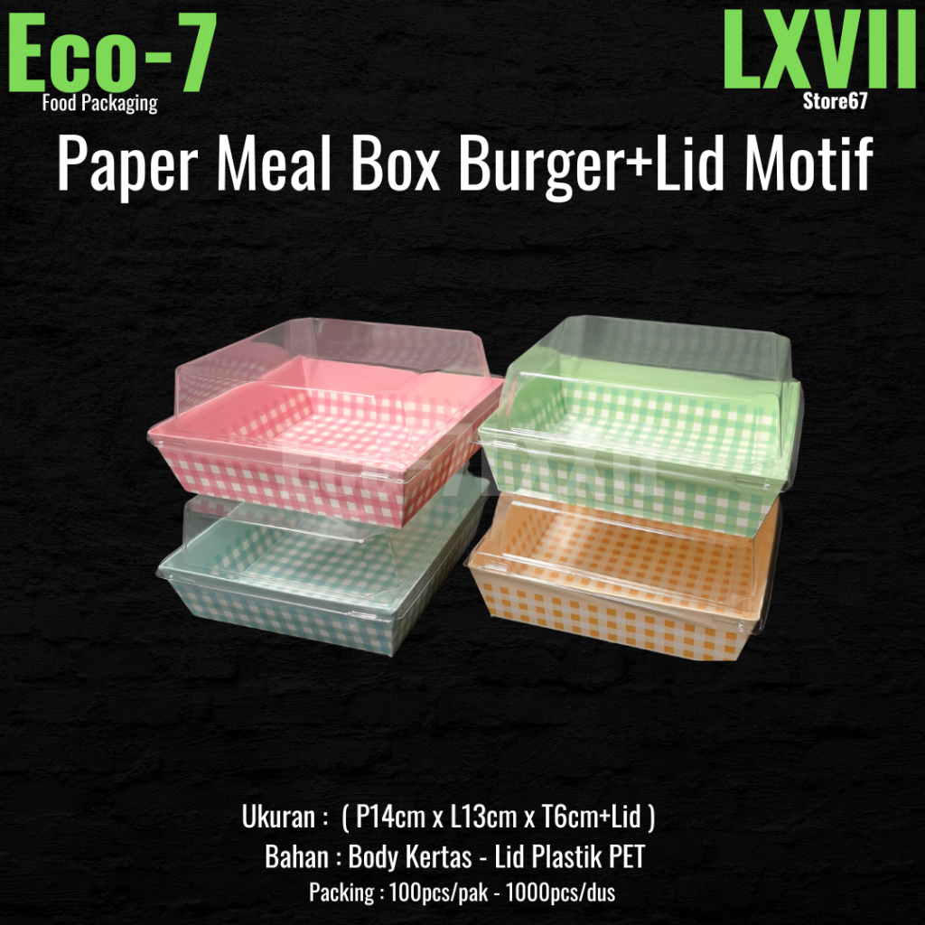 Paper Meal Box Burger Motif + Tutup Mika , Lunch Box  Cake Box Kue