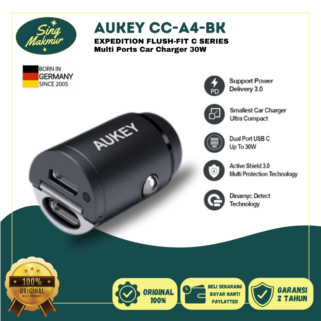 Aukey Charger Mobil Car Charger CC-A4 2 Port (PD + Quick Charge)