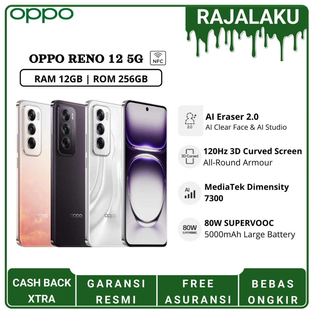HP OPPO RENO 12 5G NFC RAM 12/256GB | 12/512GB [ EXTENDED RAM 8GB ] GARANSI RESMI INDONESIA