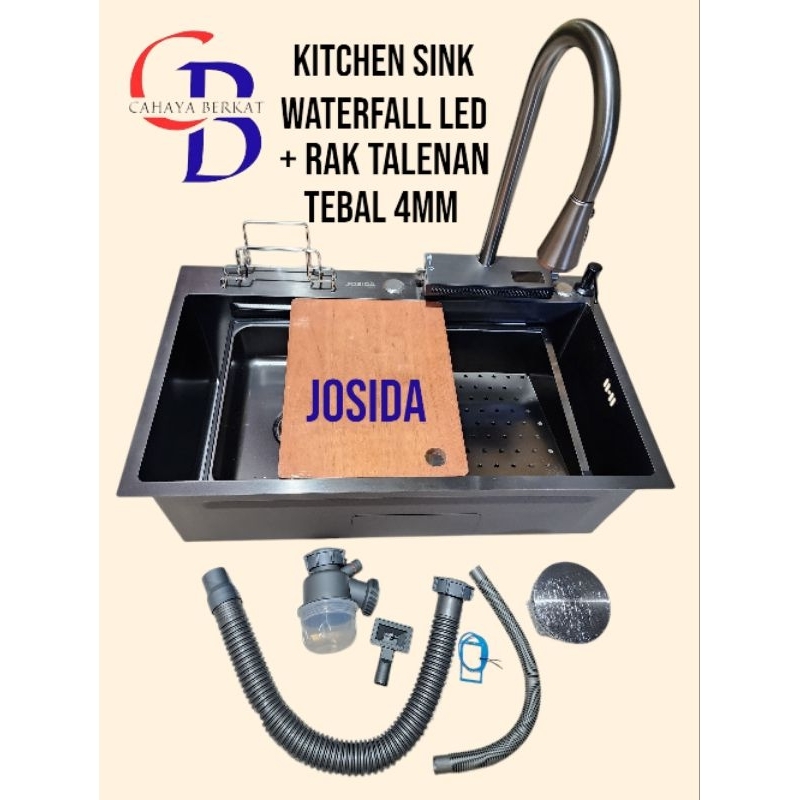 KITCHEN SINK JOSIDA BLACK STAINLESS 304 WATERFALL  ANTI GORES  TEBAL 4MM