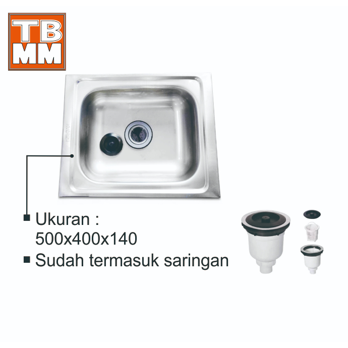BAK CUCI PIRING 1 LUBANG STAINLESS 50 CM