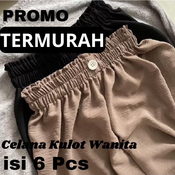 Paket Isi 6 Pcs Celana Kulot Kerut Kancing Depan Pinggang Karet Bahan Hyget Bawahan Wanita